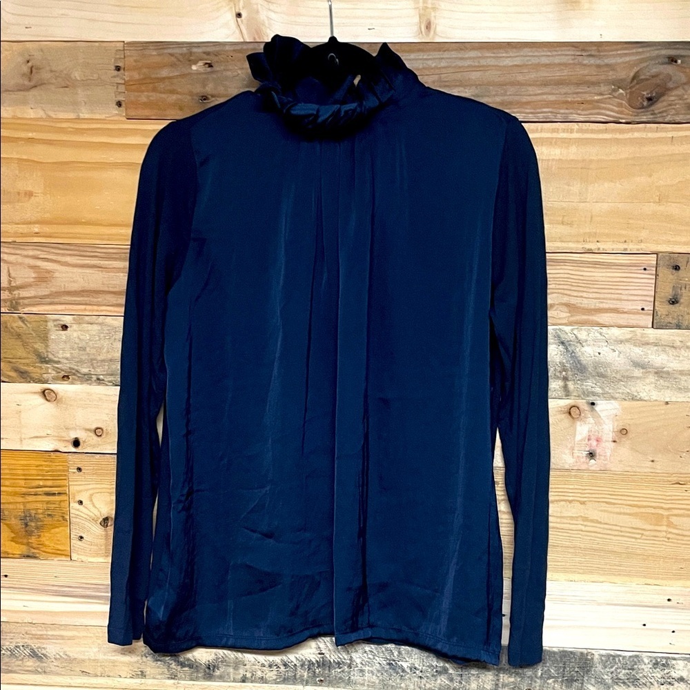 Banana Republic size S Midnight Blue Satin Long Sleeve Victorian Collar Blouse